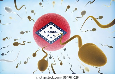 3D Illustration concept of emigration: Sperms of different colors (for different races) swimming away from an egg cell with the flag of Arkansas.(series)
