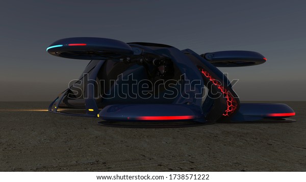 A 3D illustration. The\
concept of a flying car is possible . Rear view. The aircraft is\
blue, standing on the ground at dusk, with its dimensions and stop\
lights on.