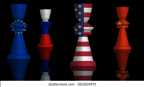 3D Illustration Of A Concept Of Great Power Competition With Flags Of The European Union, Russia, The USA And China Painted On Chess Pieces. 3D Rendering