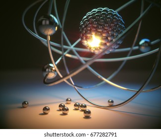 3D Illustration. Concept Image Of A Nuclear Atomic Model With Nuclear Fusion.