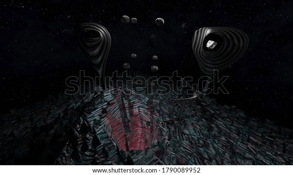 3d illustration concept of
intelligent intergalactic sci fi alien asteroid synthetic lifeform
which is part machine part geological alien asteroid base
entrance