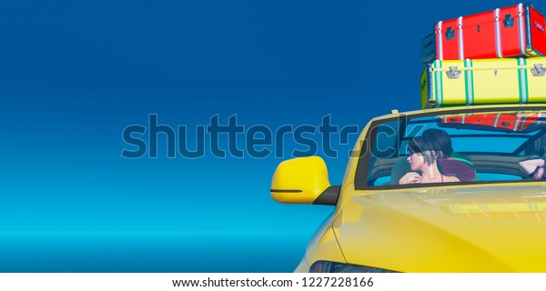 3d\
illustration, concept we go to the beach, car heading to the beach\
driven by a woman, loaded with suitcases that fly\
out