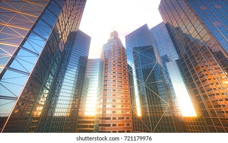 3D illustration. Conceptual city with sun reflection in the windows of buildings. - Shutterstock ID 721179976