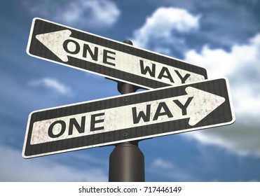 3D illustration. Conceptual image of one-way sign with cloud and blue sky in the background. - Shutterstock ID 717446149