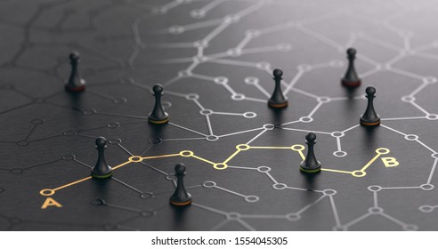 3D Illustration Of A Conceptual Maze. Shortcut Between Points A And B Or Finding The Shortest Path Concept.