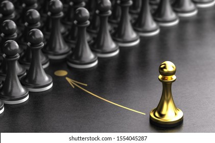 3D illustration of a conceptual team in a raw with job position to be filled by a talent. Many pawns over black background and an arrow pointing a golden circle