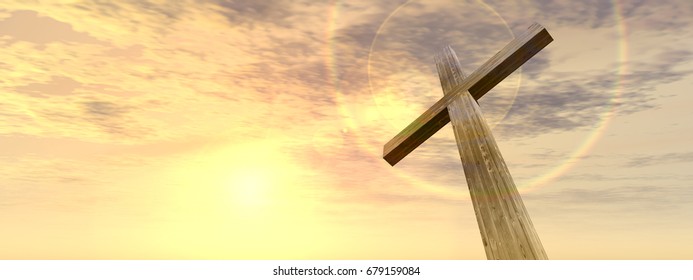 3D illustration conceptual wood cross or religion symbol shape over a sunset sky with clouds background banner