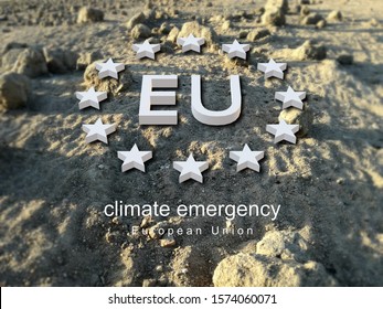 3D Illustration Concerning The Concept Of Global Warming. The Stars Of The EU Flag In White, Its Second Official Color. Drought. European Parliament Declares Symbolic Climate Emergency. 