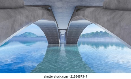 3d Illustration Of Concrete Arch Bridge Crossing Lotus Pond