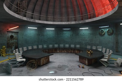 3D Illustration. Conference Room For Meetings With A Dome Round Shape With A Large Table. Secret Underground Military Bunker