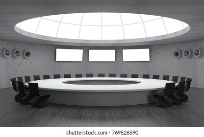 3D Illustration. Conference Room For Meetings With A Dome Round Shape With A Large Table. Secret Underground Military Bunker