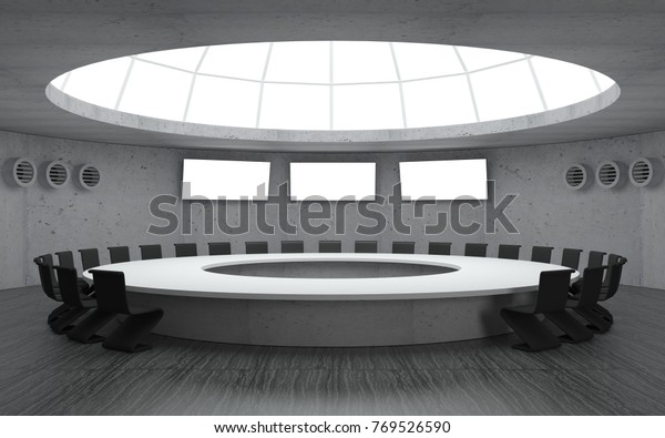 3dイラスト ドーム型の丸い形をした大きなテーブルを持つミーティング用の会議室 秘密の地下軍用バンカー のイラスト素材