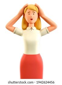 3D illustration of confused beautiful blonde woman with open mouth clutching her head and panicking. Close up portrait of disappointed attractive businesswoman in red skirt feeling fear or stress.