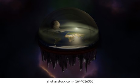 3D Illustration Of The Conspiracy Theory That The Earth Is Flat, As It Appears From Space, Flat Earth Society Fantasy Concept Art. Ancient Theory Pseudoscience.