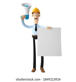 3d illustration, construction engineer with blank banner