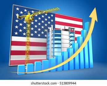 3d illustration of construction over USA flag background with blue graph and yellow arrow up