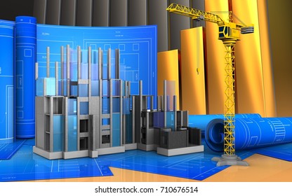 3d illustration of construction progress with drawing roll over golden charts background