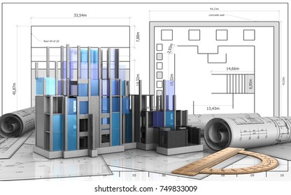 3d illustration of construction progress over blueprint background