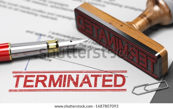 3D illustration of a contract termination\
agreement letter with a rubber stamp and the word terminated\
printed on the\
document.
