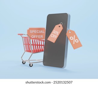 3D illustration of convenient online shopping and payment with mobile phone store with shopping cart with 50% discount sign - Powered by Shutterstock