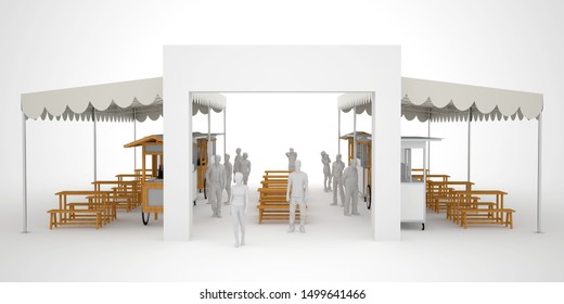 3d Illustration Conventional Tent With Food Stall And Table Serving Blank Roll Up Banner For Information Product. High Resolution Image White Background Isolated.