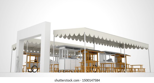 3d Illustration Conventional Tent With Food Stall And Table Serving Blank Roll Up Banner For Information Product. High Resolution Image White Background Isolated.