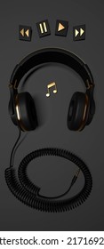 3D Illustration Of Cool Black Gold Headphones With Cord And Plug, And Song Play, Pause, Forward, Rewind Button And Music Note Icon For Phone Wallpaper.