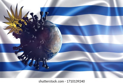 3D Illustration. Coronavirus Covid 19 On The Background Of The Flag Of  Uruguay.