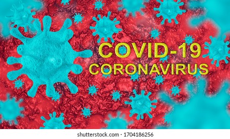 3D Illustration Of Coronavirus Particles On A Red Background With The Inscription Covid-19 Coronavirus In Yellow Letters