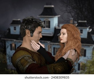 3d Illustration of a couple together with a dimly lit old house in the background - Powered by Shutterstock