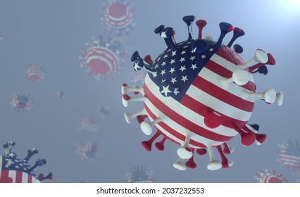 3D Illustration Of A Covid-19 Virus With The Pattern Of The American Flag USA Corona Virus With The US Flag Pattern Delta Lambda Plus Variant 