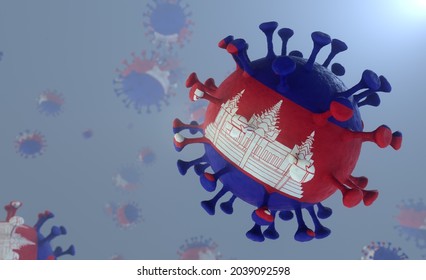 3D Illustration of a Covid-19 Virus with the Pattern of the Cambodian Flag Corona Virus with the Cambodia Flag Print Delta Lambda plus Variant 