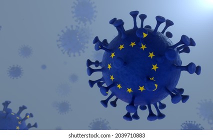 3D Illustration Of A Covid-19 Virus With The Pattern Of The European Union Flag Corona Virus With The EU Flag Print Delta Lambda Plus Variant 