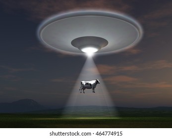 3d illustration of a cow abducted by a UFO