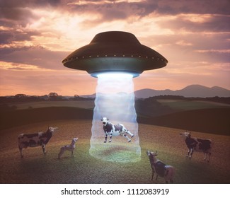 3D illustration. Cow on the farm being pulled by the tractor beam of the alien spacecraft.