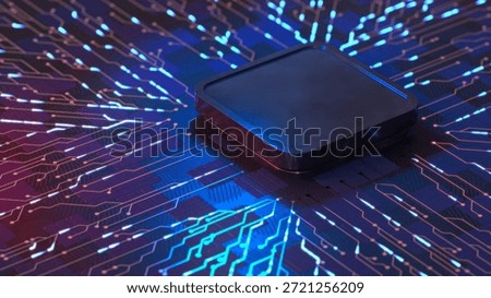 3D illustration of CPU microchip on glowing electronic circuit board with blue light pathways. 3D Illustration
