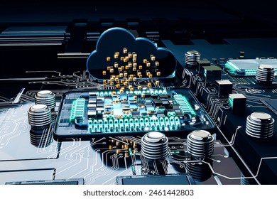 3D Illustration. CPU processor on circuit board motherboard transferring data to the cloud. Technology, computing and network security concept.