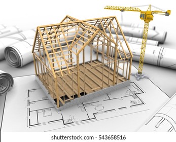 3d illustration of crane over house plan background with wooden house frame