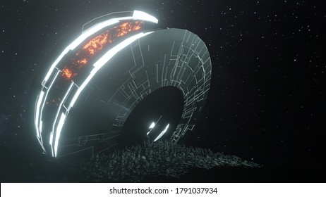 3d Illustration Crash Site Of Alien Space Craft, Flying Disc Crashed Into Surface Of Rocky Planet Or Asteroid Scifi Futuristic Outerspace Realistic Concept Art