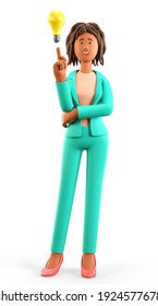 3D illustration of creative african american woman pointing finger at the bulb. Cute cartoon standing cheerful elegant businesswoman in green suit generating ideas, isolated on white background.