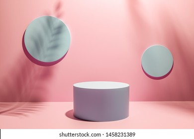 3D Illustration Creative Layout Made Of Pink Studio Background For Product Placement Or Display With A Circular Plinth In Front Of Two Blank Round Wall Plaques With The Shadows Of Palm Tree Fronds.