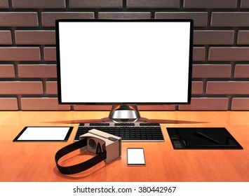 3D illustration creative professional designer's desk with Cardboard VR, Simple Smartphone, Tablet on wooden table near the brick wall. - Powered by Shutterstock