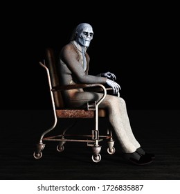 3D Illustration Of Creepy Blue Skinned Old Man Wearing Dirty Clothes Skinned Old Man In Wheeled Chair
