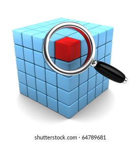 3d Illustration Of Cube Structure And Magnify Glass, Data Search Concept