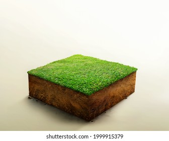 3D Illustration, cubical soil ground cross section with earth land and green grass, Soil layers. realistic 3D rendering ground ecology, cutaway terrain floor with rock isolated on light background.