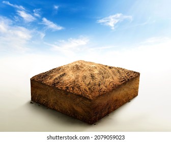 3D Illustration, cubical soil ground cross section with Empty dry soil, land plot for housing construction project, ground ecology, cutaway terrain floor with rock isolated on blue sky background.