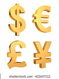 3D Illustration Of Currency Symbols Set On A White Background.