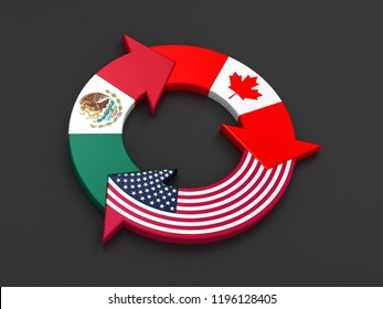 3D Illustration Of Curved Arrow Flag Of USA, Mexico And Canada, Signifying The Trade Relationship Between The Three Countries.