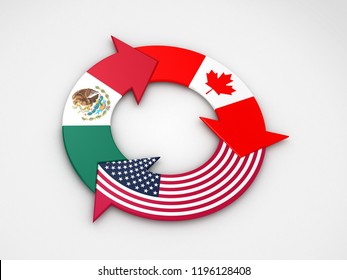 3D Illustration Of Curved Arrow Flag Of USA, Mexico And Canada, Signifying The Trade Relationship Between The Three Countries.