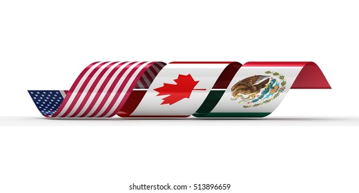 3D Illustration Of Curved Ribbon Flag Of USA, Mexico And Canada